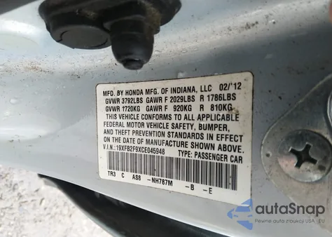 2012 Honda Civic Exl z USA, uszkodzony, nr VIN 19XFB2F9XCE045948